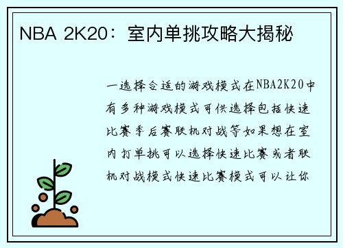 NBA 2K20：室内单挑攻略大揭秘